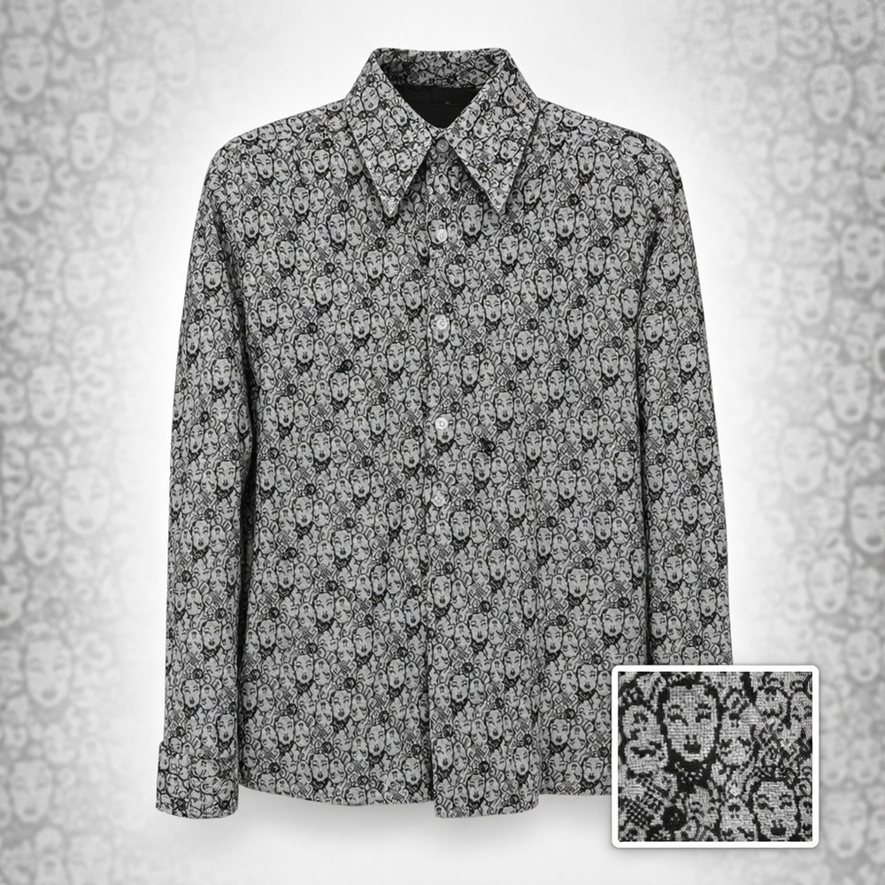 VTG Clubman Jacquard Knit Disco Shirt Abstract Faces Print Mens M USA Made RARE